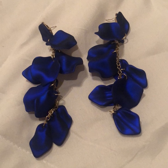Rich Blue Petal Long Dangle Earrings - Picture 2 of 5